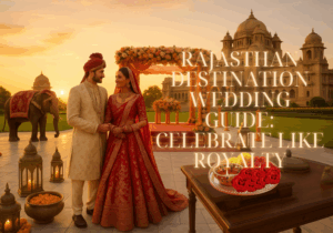 Rajasthan Destination Wedding Guide image showing Indian couple in traditional attire at a palace with elephant and floral mandap at sunset.