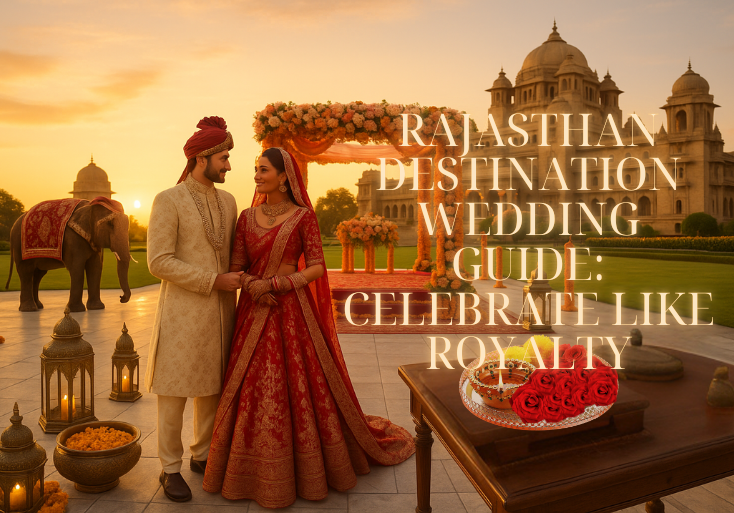Rajasthan Destination Wedding Guide image showing Indian couple in traditional attire at a palace with elephant and floral mandap at sunset.