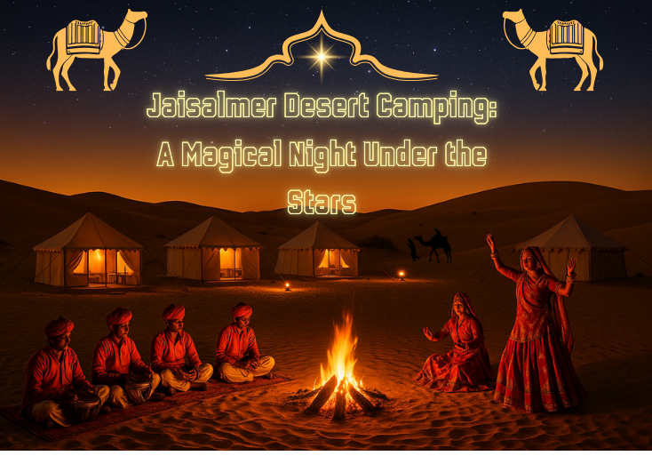 Luxury desert camp in Jaisalmer with folk dancers and musicians near a campfire under a starry evening sky