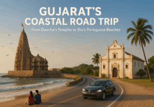 A scenic view of a Gujarat beach road trip showing Dwarkadhish Temple, a winding coastal road with a car, a couple by the beach, and Portuguese-style architecture in Diu during golden hour.