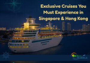 Luxurious cruise ship sailing at twilight near a city skyline with glowing lights, promoting exclusive cruises in Singapore and Hong Kong.