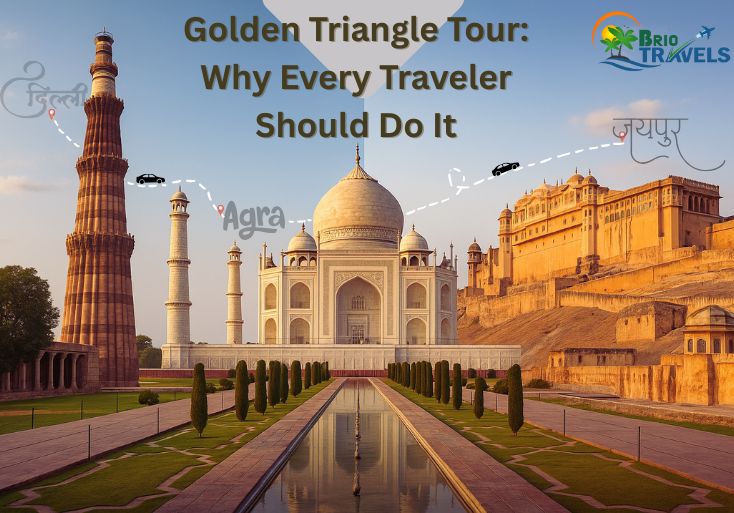 Golden Triangle Tour route showing Delhi, Agra, and Jaipur landmarks.