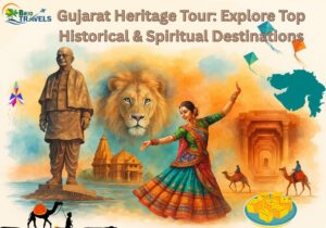 Gujarat Heritage Tour featuring Statue of Unity, lion, temples, Garba Dancer, camels in vibrant colors.