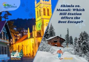 Poster comparing Shimla and Manali as travel destinations, featuring a night view of Shimla's Christ Church on the left and a snowy skiing scene in Manali on the right, with the title "Shimla vs. Manali: Which Hill Station Offers the Best Escape?