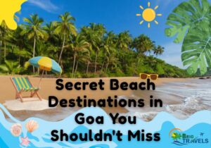 Goa Hidden beaches in Goa You Shouldn't Miss', showing a tropical beach scene with palm trees, sun, and ocean.
