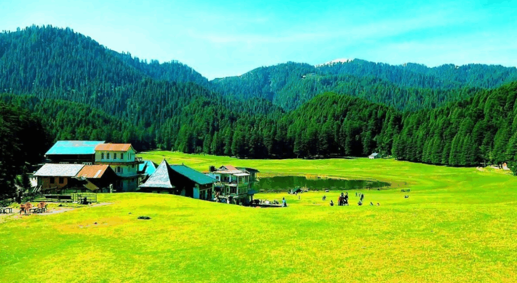 Khajjiar green meadows, pine trees and lake view in Himachal – India’s mini Switzerland. – among the most scenic