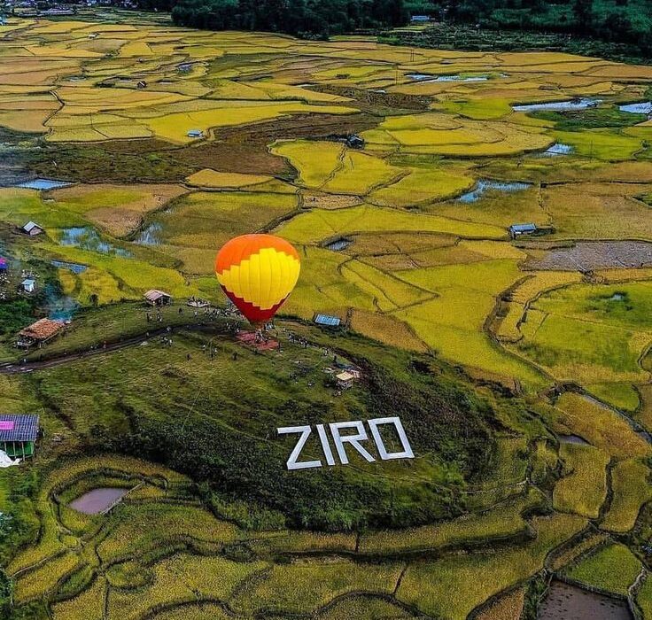 Ziro Valley in Arunachal Pradesh covered with green rice fields and pine trees