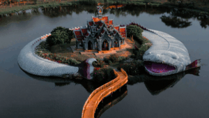 Temple island with giant serpent statue in Thailand – budget backpacking destination 2025