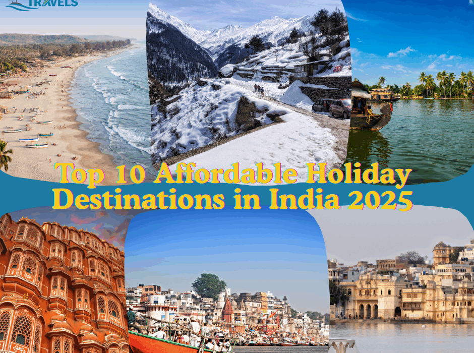 Collage of top 10 affordable holiday destinations in India 2025 featuring Goa beach, snowy Manali, Kerala backwaters, Jaipur Hawa Mahal, Varanasi ghats, and Udaipur lakes with Brio Travels branding.