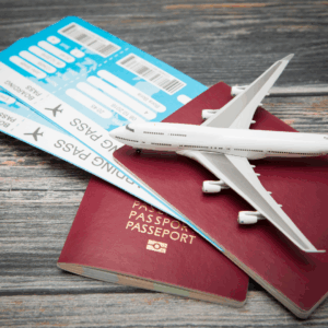 Travel essentials like passport, tickets, and camera