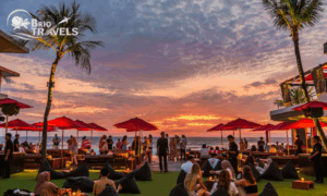 vibrant life of couples at a beach restaurant