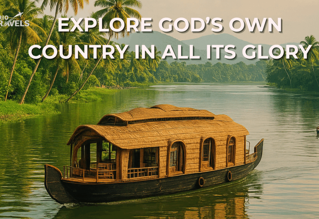 Traditional Kerala houseboat floating on calm backwaters, surrounded by lush green palm trees and hills, with a distant canoe and vibrant vegetation under a serene sky. Text overlay reads: 'BRIO TRAVELS – EXPLORE GOD'S OWN COUNTRY IN ALL ITS GLORY.'" Kerala family tour packages for family