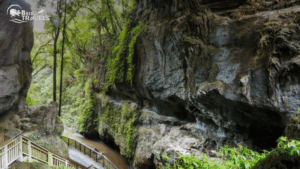 A scenic wooden pathway leading through the rocky forested landscape of Edakkal Caves in Wayanad, surrounded by moss-covered cliffs and greenery, with the Brio Travels logo in the corner. Kerala tour packages for family