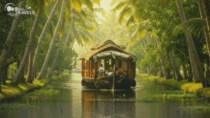 A traditional Kerala houseboat cruising through the lush green Alleppey backwaters surrounded by leaning coconut trees and calm water, with the Brio Travels logo placed on the image.