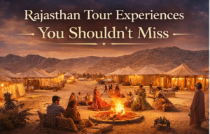 Luxury desert camp in Rajasthan with travelers enjoying a cultural evening, bonfire, and folk performances under the desert sky