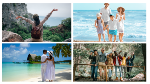Collage of four travel scenes featuring diverse travelers: a solo backpacker overlooking a forested mountain view, a family walking along a beach, a couple enjoying a tropical seaside getaway, and a group of friends posing on a wooden bridge in a forest—highlighting Brio Travels’ budget-friendly packages for every kind of traveller.