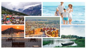 Collage of five scenic travel destinations highlighting cheap travel packages: a misty hill station with colorful rooftops, a family enjoying a beach vacation, a historic city with palace architecture, a sunset beach with lounge chairs, and a tranquil river scene with a wooden boat—showcasing Brio Travels’ affordable travel experiences across India and beyond.