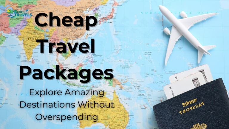 Flat lay of travel essentials on a map of Asia and Australia, featuring a white toy airplane, an Indian passport with visible boarding passes, and promotional text for Brio Travels’ cheap travel packages.