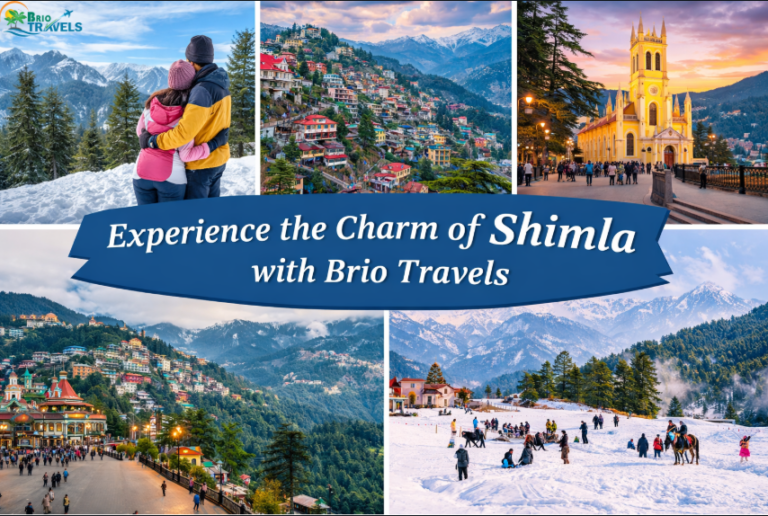 Shimla hill station view with snow-covered mountains, Mall Road, Christ Church and Kufri scenery – Shimla tour packages by Brio Travels