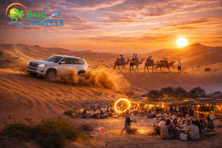 Dubai desert safari experience with dune bashing, camel ride and BBQ dinner