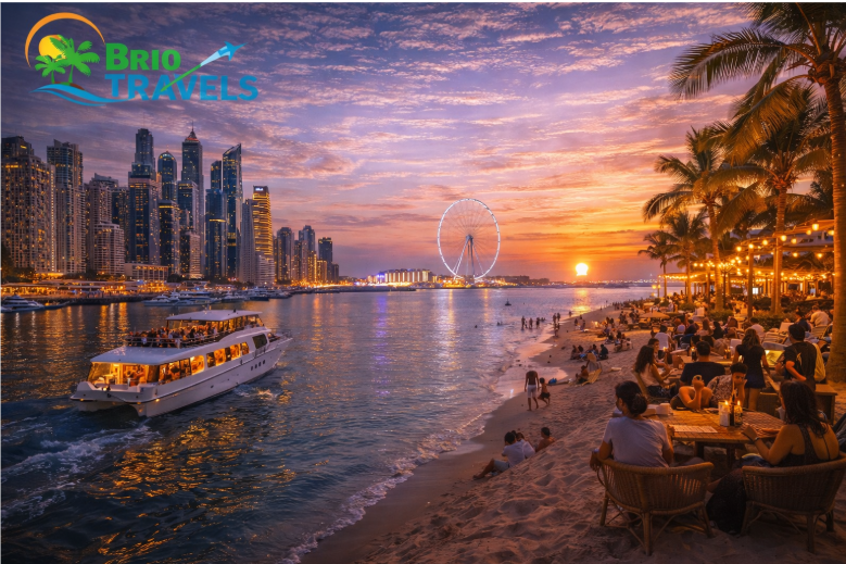 Dubai Marina and JBR Beach waterfront views with cruise and nightlife