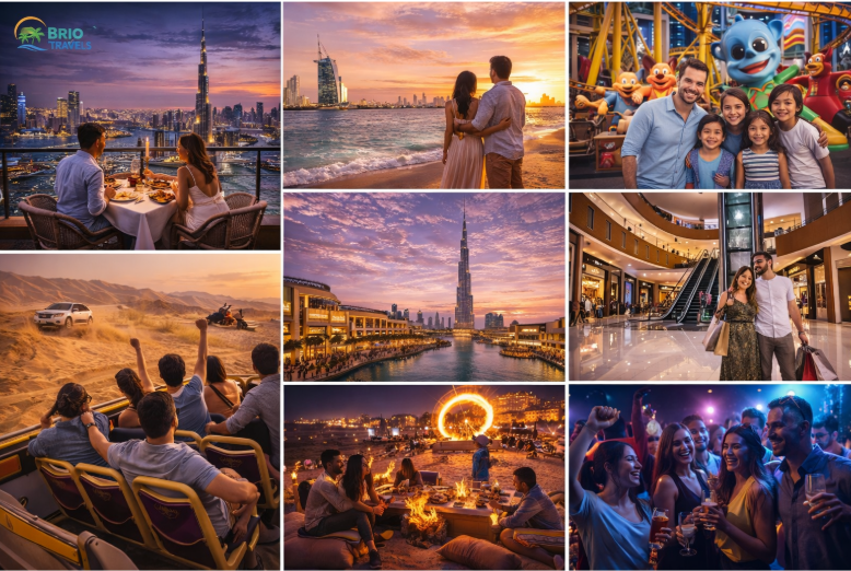 Dubai tour package from India showing luxury dining, couples at beach, family attractions, desert safari, shopping malls, nightlife and group experiences