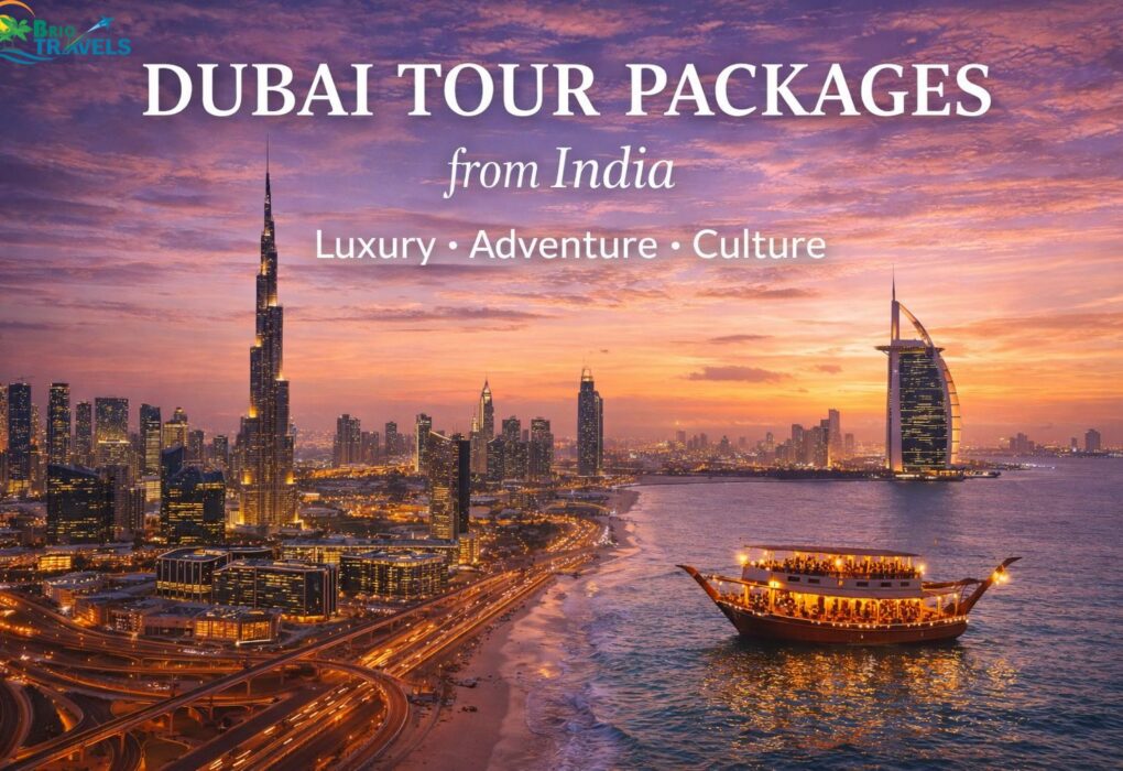 Dubai tour packages from India featuring Burj Khalifa skyline, desert safari and luxury cruise experiences