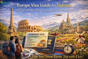 Europe visa guide for Indians showing Schengen visa, passport, Indian travelers and famous European landmarks