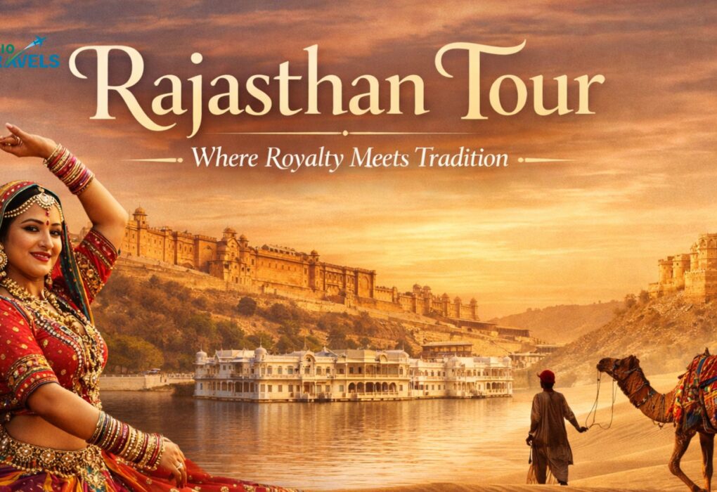 Rajasthan tour banner featuring a traditional Rajasthani woman performing folk dance, a camel with a handler in the desert, and majestic royal palaces and forts at sunset, showcasing Rajasthan’s rich culture and royal heritage.
