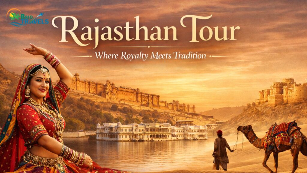 Rajasthan tour banner featuring a traditional Rajasthani woman performing folk dance, a camel with a handler in the desert, and majestic royal palaces and forts at sunset, showcasing Rajasthan’s rich culture and royal heritage.