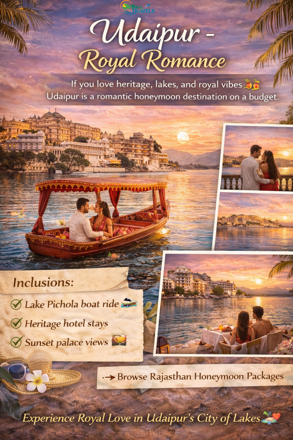 Udaipur honeymoon package under 1 lakh with Lake Pichola boat ride, heritage hotel stays and romantic sunset palace views for couples