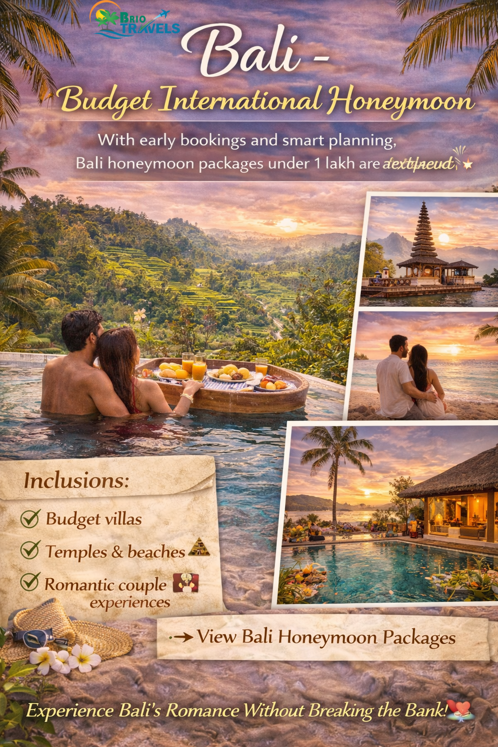 Bali honeymoon package under 1 lakh with budget villas, temples, beaches and romantic couple experiences for international honeymoon travel