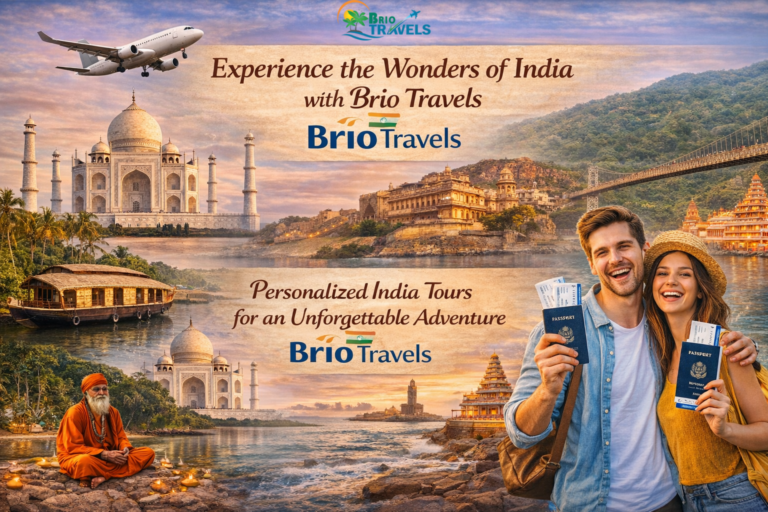 Travel to India from USA with Brio Travels featuring Taj Mahal, heritage palaces, spiritual ghats and happy US travelers