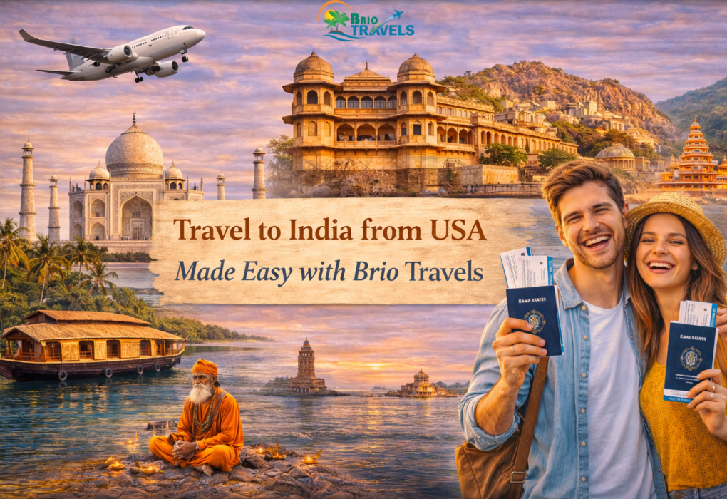 Travel to India from USA with Brio Travels featuring Taj Mahal, royal palaces, spiritual ghats and happy American travelers
