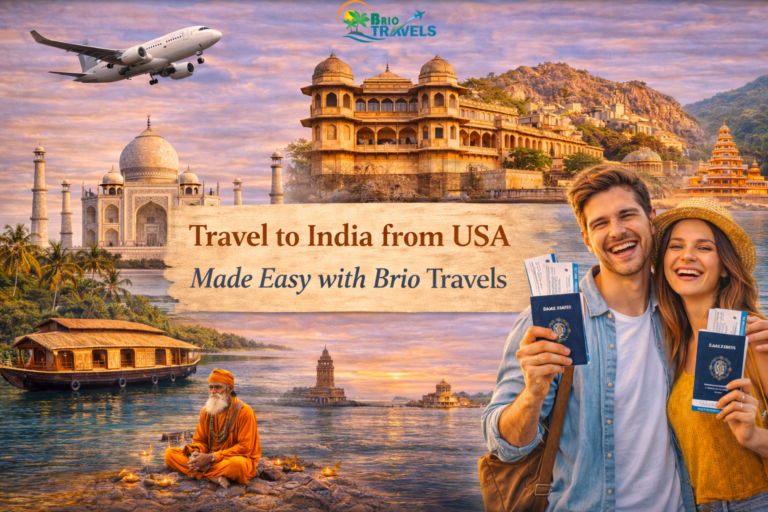 Travel to India from USA with Brio Travels featuring Taj Mahal, royal palaces, spiritual ghats and happy American travelers