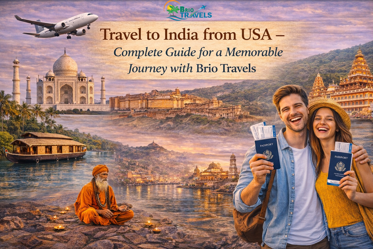 Travel to India from USA complete guide showing Indian heritage, spiritual destinations and US travelers with passports
