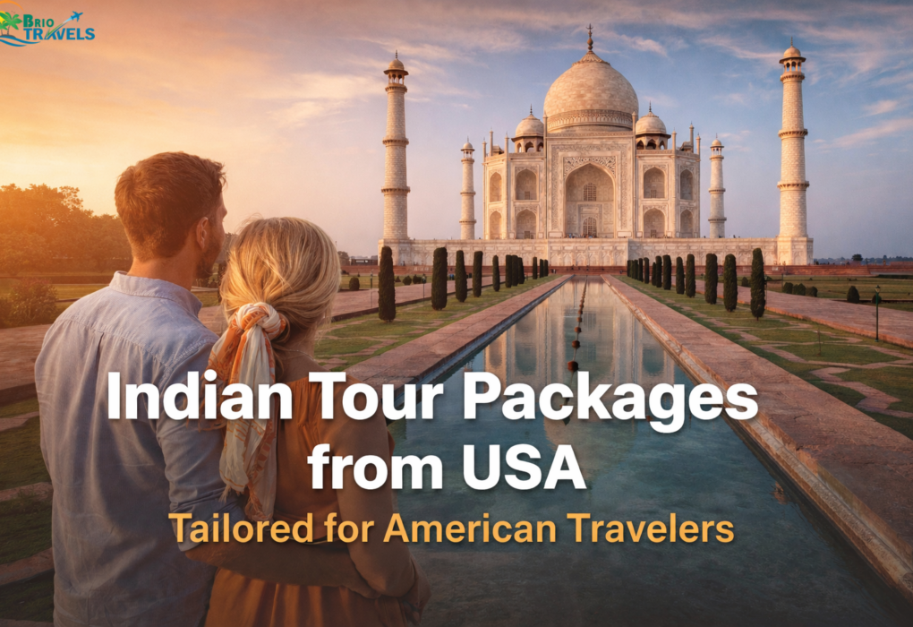 Indian tour packages from USA showcasing American travelers at the Taj Mahal with scenic heritage views