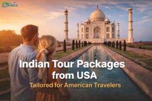 Indian tour packages from USA showcasing American travelers at the Taj Mahal with scenic heritage views