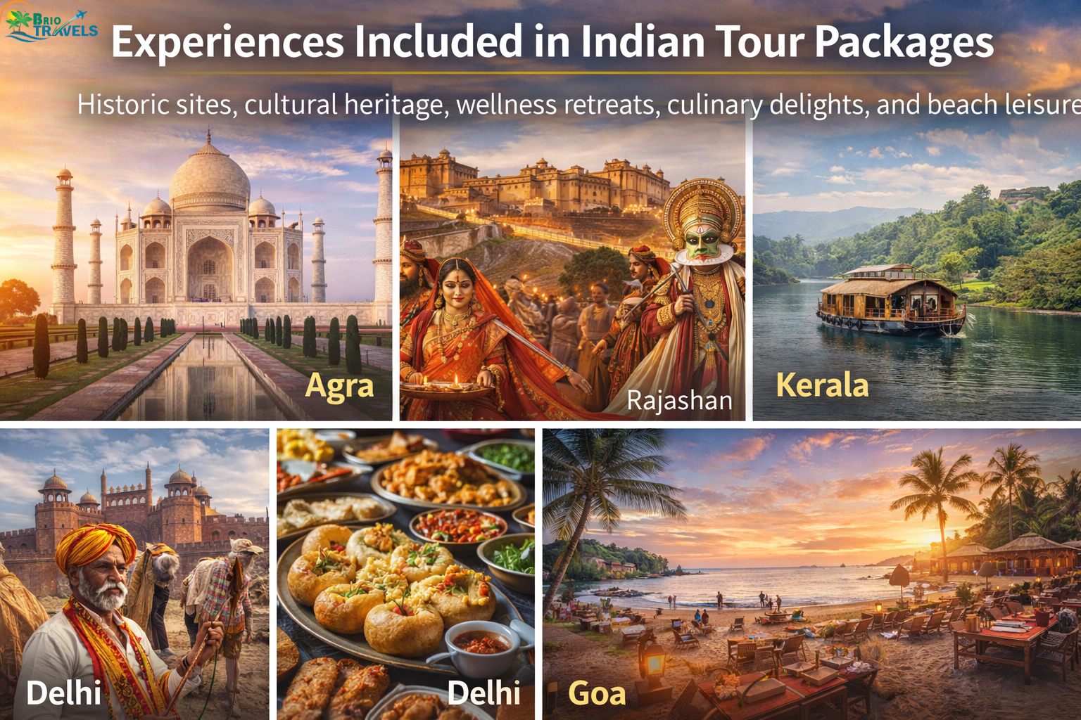 Experiences included in Indian tour packages from USA featuring Agra monuments, Rajasthan culture, Kerala backwaters, Delhi heritage and food, and Goa beaches