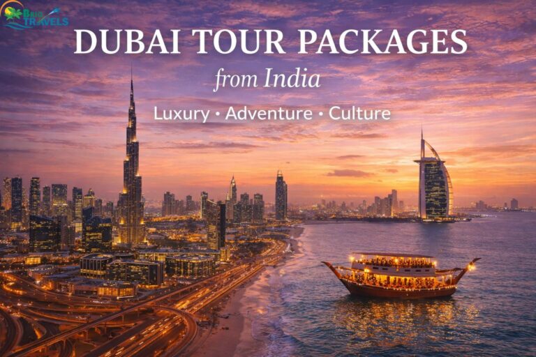 Dubai tour packages from India featuring Burj Khalifa skyline, desert safari and luxury cruise experiences