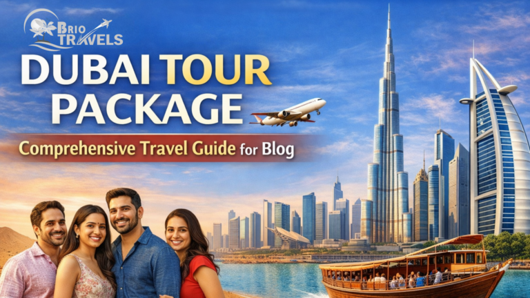 Group of happy travelers in front of iconic Dubai landmarks like Burj Khalifa and Burj Al Arab, promoting Brio Travels’ Dubai tour package.
