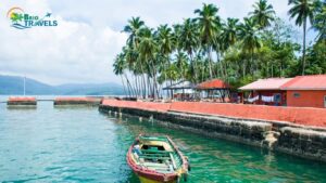 Peaceful beachside lagoon with palm trees and boat”