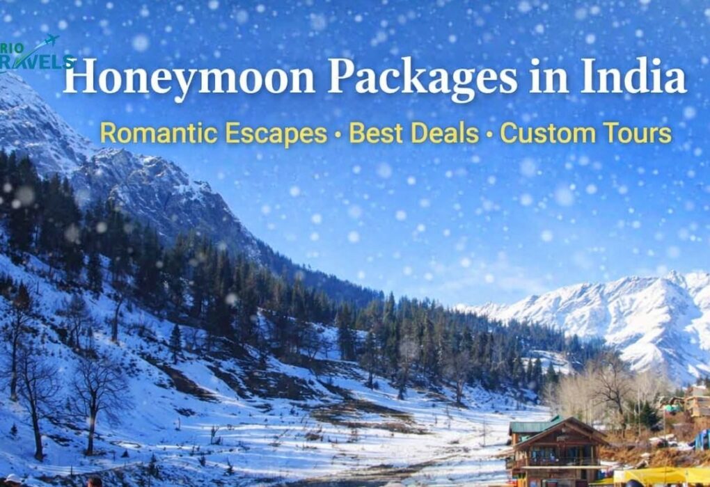 "Promotional graphic for Brio Travels showcasing 'Honeymoon Packages in India,' set against a snowy mountain landscape with pine trees and cozy buildings. Snowflakes fall gently, enhancing the romantic winter ambiance. Text highlights 'Romantic Escapes,' 'Best Deals,' and 'Custom Tours' for couples seeking scenic getaways. Honeymoon in India