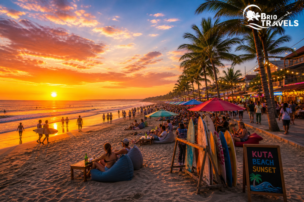 Top places to visit in Bali – Kuta Beach sunset with surfers and lively crowd