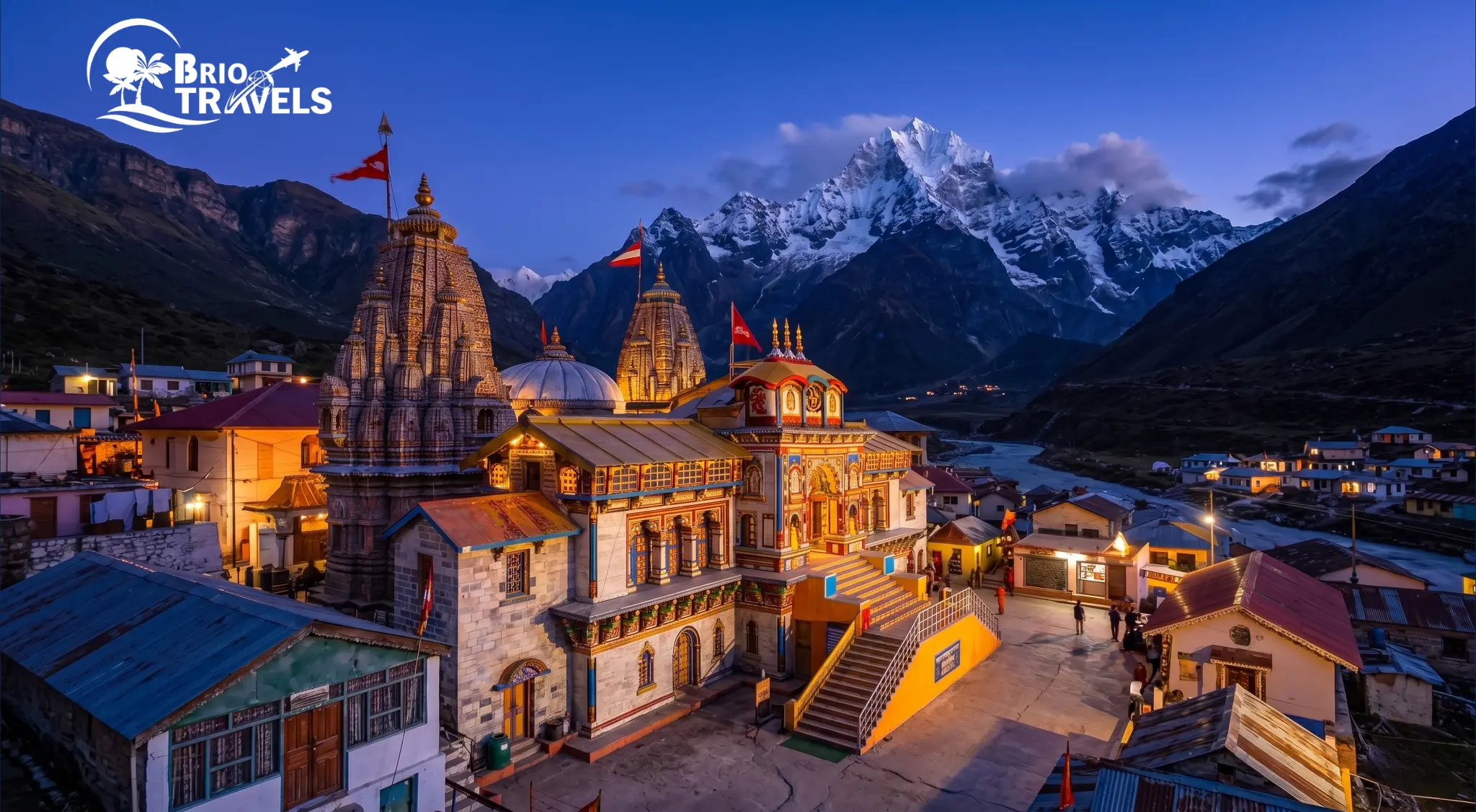 Badrinath Temple illuminated at dusk