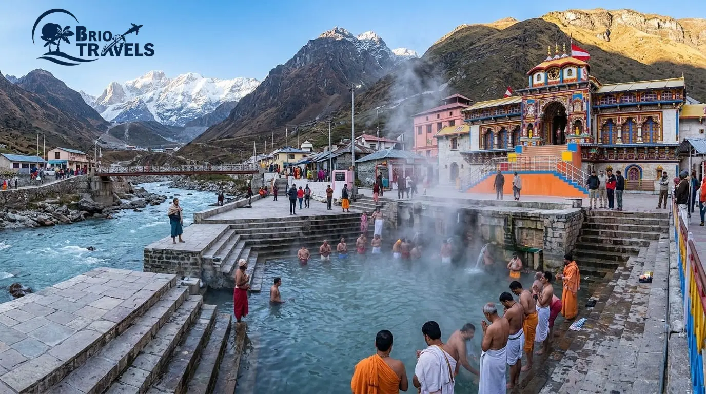 Pilgrims bathing at Tapt Kund hot spring