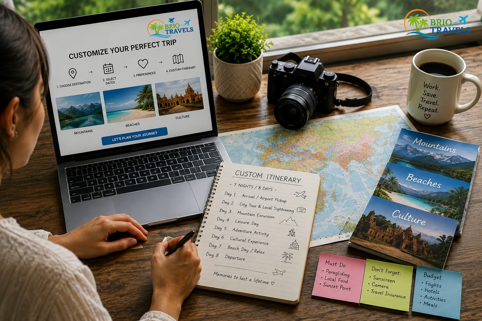 Travel planning with a map, laptop, and trip checklist from brio tour and travel company.