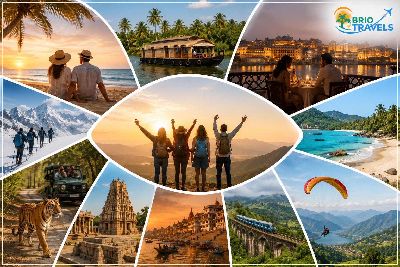 India travel collage featuring beaches, backwaters, heritage sites, wildlife, mountains and adventure
