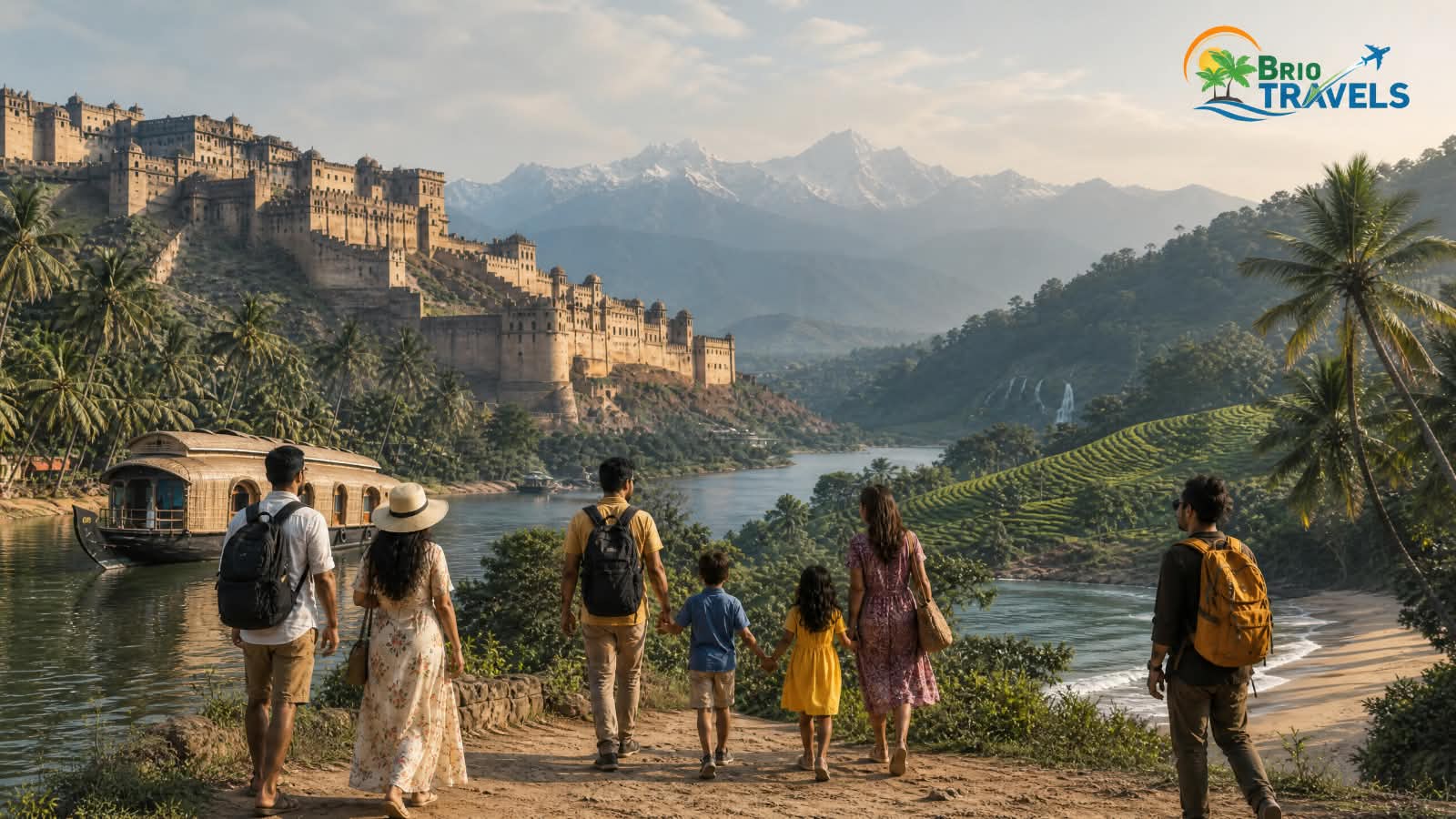 Family exploring scenic Indian destinations with mountains, backwaters, beaches and heritage sites