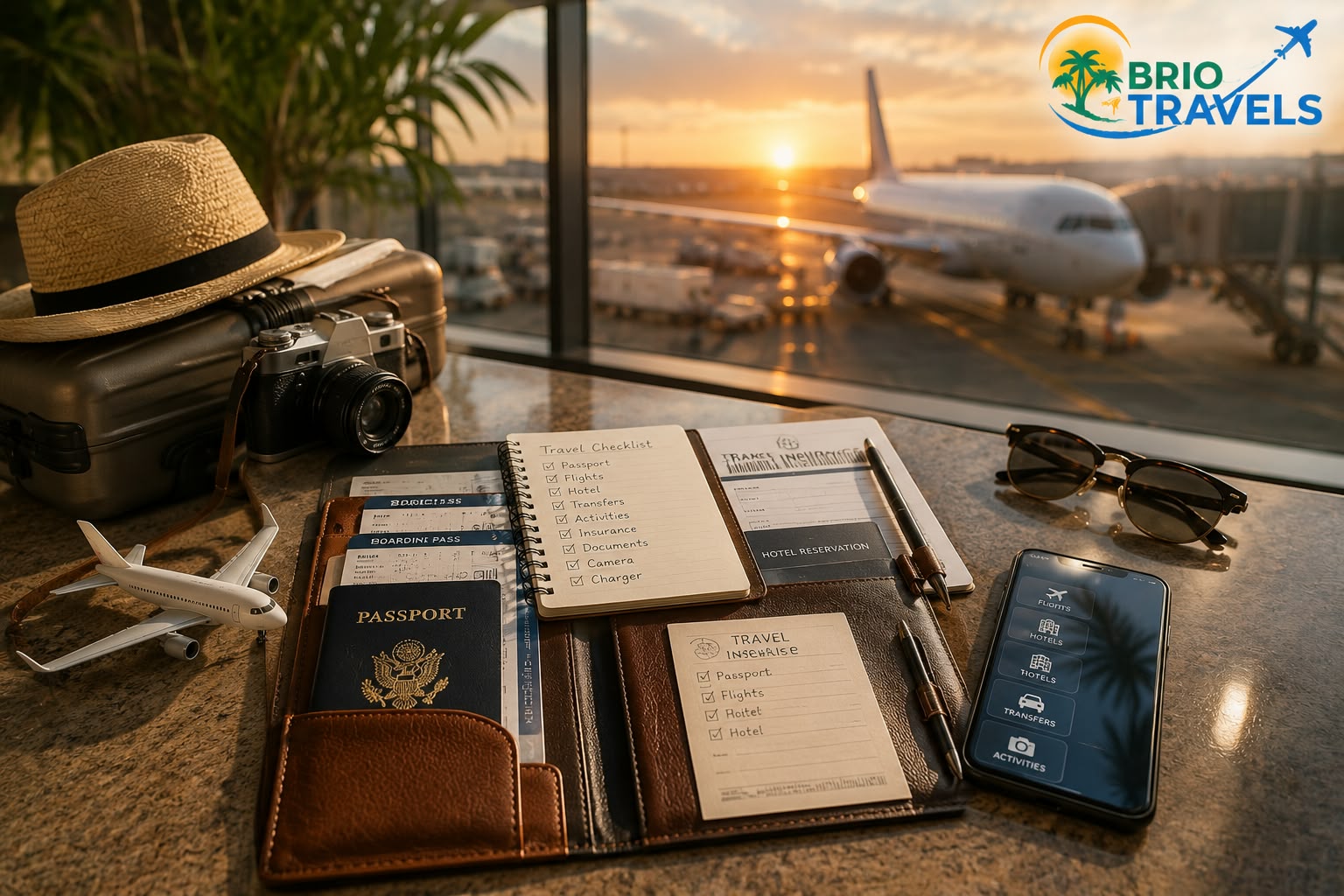 Travel planning essentials with passport, tickets, luggage and flight